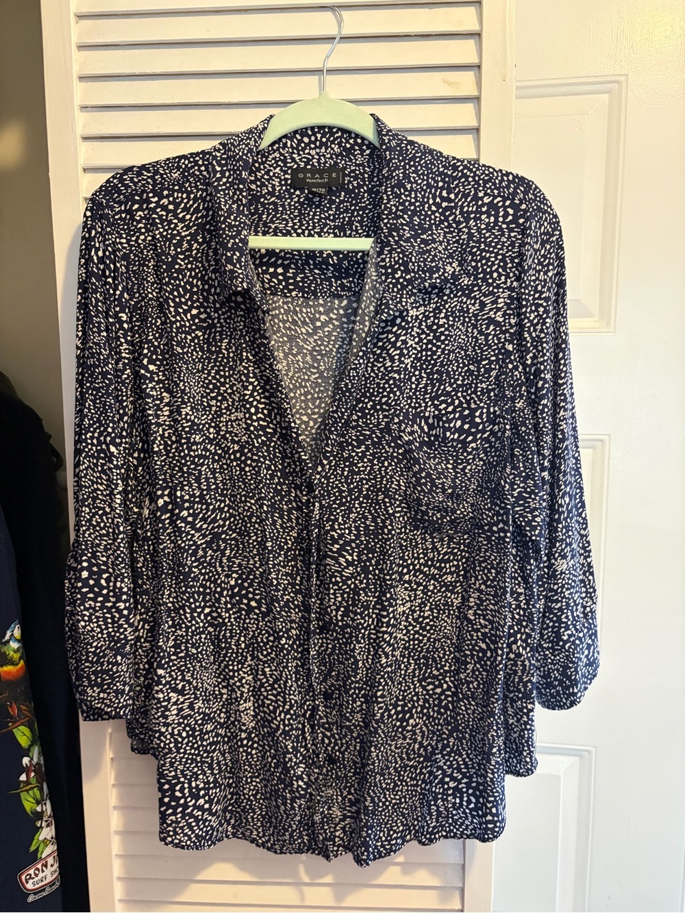 Grace Elements Navy and White Dot-Print Button Down Shirt
